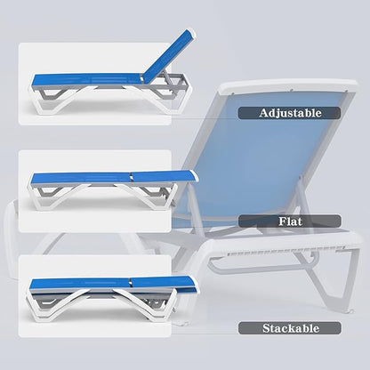 Domi Patio Chaise Lounge Chair Set of 3,Outdoor Aluminum Polypropylene Sunbathing Chair with Adjustable Backrest,Arm,Side Table,for Beach,Yard,Balcony,Poolside(2 Blue Chairs + 1 Side Table)