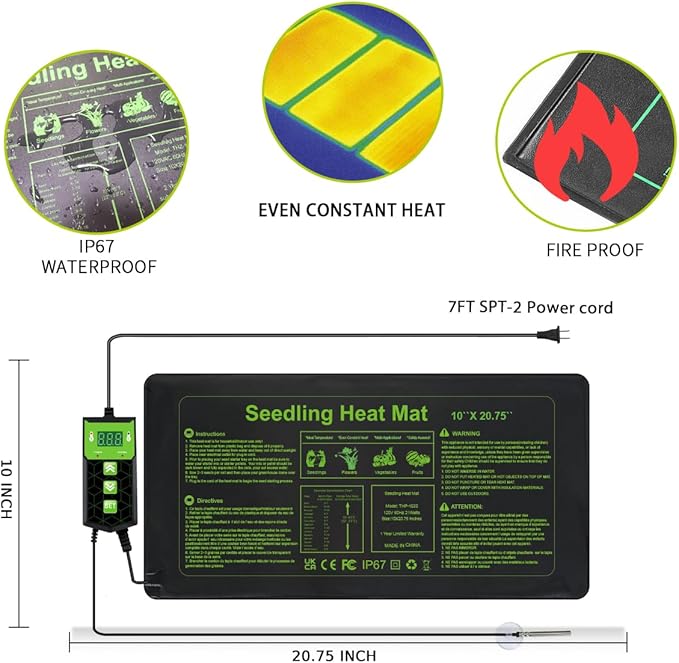 Seedling Heat Mat 10X20.75`` with Thermostat Durable Waterproof Warm Hydroponic Plant Heating Pad with Temperature Control Auto Off Timer for Seed Starting Germination Plant Propagation (1 Heat Pad)