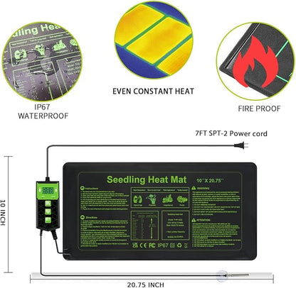 Seedling Heat Mat 10X20.75`` with Thermostat Durable Waterproof Warm Hydroponic Plant Heating Pad Temperature Controller Auto Off Timer for Seed Starting Germination Plant Propagation (2 Heat Pad)