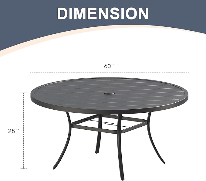 VICLLAX 60" Outdoor Round Patio Dining Table for 8-10, All Weather Metal Dining Table with Umbrella Hole for Deck Lawn Garden Backyard, Black
