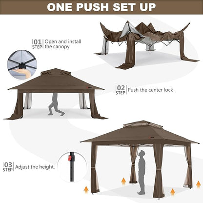 ABCCANOPY 13x13 Pop Up Gazebo, Outdoor Canopy Tent, Instant Screened Shelter with Mosquito Netting for Patio, Garden, Backyard, Party, Camping (Brown)