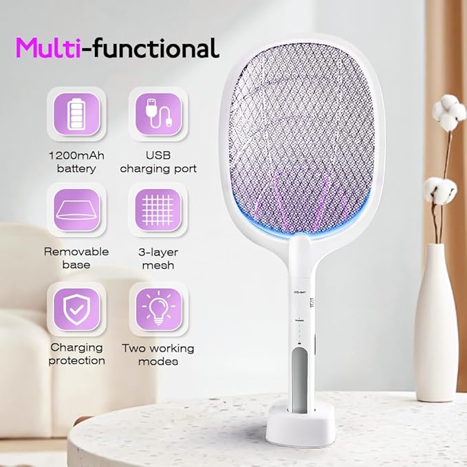Electric Fly Swatter Indoor & Outdoor 3000V Bug Zapper Racket Dual Modes Mosquito Killer with Purple Mosquito Light Rechargeable Fly Zapper for Indoor Home Office Backyard Patio Camping