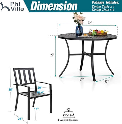 PHI VILLA 5 Piece Outdoor Dining Table Set for 4, 42” Round Steel Dining Table with Umbrella Hole & 4 Black Stacking Metal Chairs for Patio, Deck, Yard, Porch