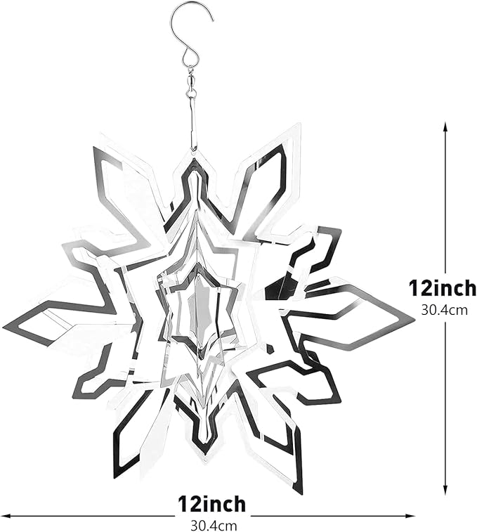 Hanging Wind Spinner Outdoor Metal Decorations, Silver Wind Spinners for Yard and Garden, 3D Mirror Stainless Steel Wind Sculptur Chime Indoor Outdoor Garden Decoration Worth Gift (Snowflake)