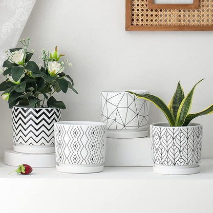 Ton Sin Plant Pots,5.5 Inch White Pots for Indoor Plants with Drainage Holes,Cylinder Flower Pot Ceramic Planters with Saucer,Cactus Succulent Outdoor Garden Pots Set of 4
