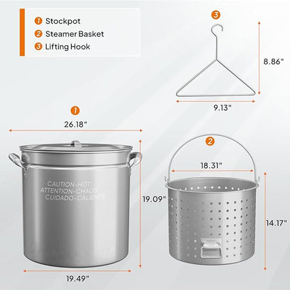 Bonnlo 102QT Stainless Steel Stock Pot for Boiling Seafood, Crawfish lobster & Crab, Frying Turkey & Steaming Tamales, Large Boil Pot with Steamer Basket, Lid, Lifting Hook for Outdoor Cooking Patio
