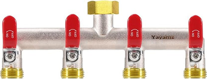 4 Way Garden Hose Splitter, Heavy Duty Brass Nickel Plated Rust Resistant Faucet Manifold, 3/4" Frost Resistant Outdoor Hose Adapter Connector，Hose Spigot Adapter with 4 large red handles