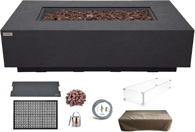 AMS Creations | Madison 60" Bundle Rectangular Natural Gas Outdoor Fire Pit Table | Dark Gray Concrete GFRC | Limestone Texture or Surface | Electronic Ignition | Outside Backyard Fireplace