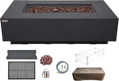 AMS Creations | Madison 60" Bundle Rectangular Natural Gas Outdoor Fire Pit Table | Dark Gray Concrete GFRC | Limestone Texture or Surface | Electronic Ignition | Outside Backyard Fireplace