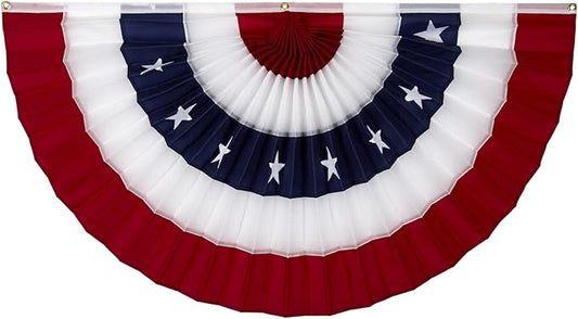 American Pleated Fan Flag Bunting. 3 x 6 ft Embroidered Stars & Sewn Stripes USA Indoor/Outdoor Nylon Bunting Banner. Perfect for July 4th and America 250 events. 100% Made in America by Old Glory Bunting