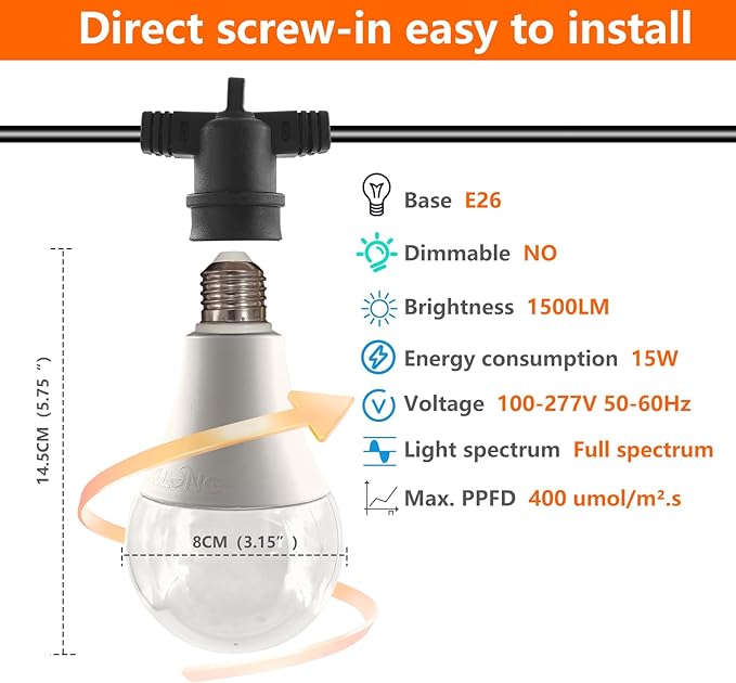 Hanging Grow Light String Bulbs LED Growth Bulb A25, Full Spectrum Plant Light E26 Base 15W, houseplant Growting lamp, Greenhouse Indoor or Outdoor (3 Lights and Cord)