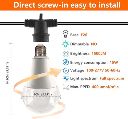 Grow Light Bulbs LED Growth Bulb A25 Full Spectrum String Plant Light Houseplant Growting Lamp Indoor Or Outdoor Waterproof Grow Lights (12 Lights and Cord)