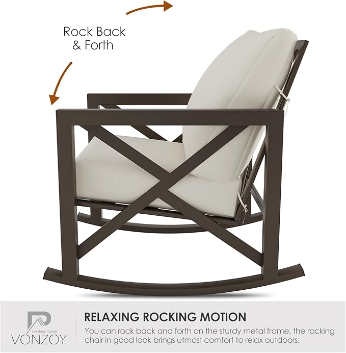 Outdoor Rocking Bistro Set, Patio Rocking Chairs Set of 2 with Coffee Table, 3 Pieces Metal Conversation Sets with 6.5" Thick Cushions for Backyard, Porch, Poolside, Oversized (Beige)