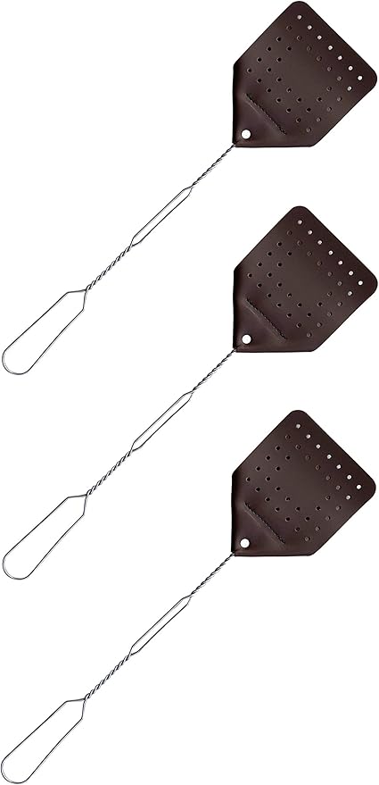 Leather Fly Swatter Set (3 Pack) – 17” Amish-Made Fly Swat w/Real Leather Paddle – Fly Swatters Multi Pack w/Metal Handle – Bug Swatter, Mosquito Swatter, Wasp Swatter (Chocolate)
