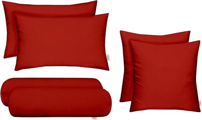 RSH DECOR: 6-Pack Pillow Set | All-Weather Spun Fabric | Water & Fade-Resistant | 17" Square, 20" x 12" Lumbar, 20" x 6" Neck Roll | Outdoor Pillows for Patio Furniture | Red