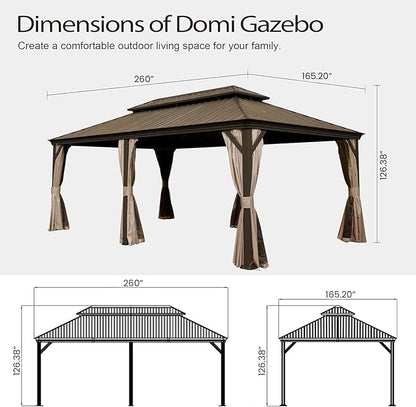 Domi 14x22FT Outdoor Gazebo, Hardtop Gazebo with Galvanized Steel Double Roof, Metal Gazebos with Drainage System Patio Pergola for Patio Deck Backyard,Curtain and Netting,Brown