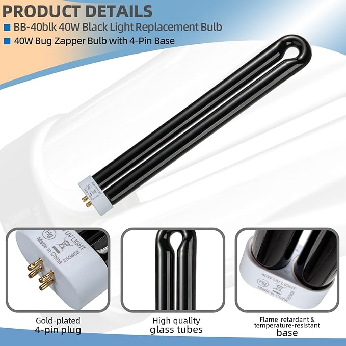 BB-40blk 40W Bug Zapper Light Bulb Compatible with Black Flag Model BZ-40BLK, BZ-40DX, BZ-40MAX, and Stinger Model B4045-4 UVB45 Bug Zapper with 4-Pin Base, 2 Pack