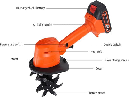 24V Cordless Electric Tiller with 2 Rechargeable Batteries, Handheld Garden Cultivator for Soil Aeration, Weeding, Lawn Trenching | Mini Hand Tillers for Gardening | Hand Held Battery Powered Tiller