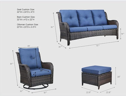 HUMMUH Patio Furniture 6 Pieces Outdoor Furniture Set PE Wicker Patio Couch with Swivel Glider Chairs,Patio Ottomans,Side Table