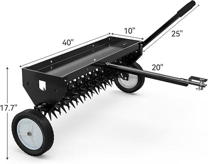 YITAMOTOR 40" Tow Behind Spike Aerator, Durable Lawn Aerator for Soil Penetrator with Transport Wheels & Galvanized Plug Coring Tines & Universal Hitch Tow Bar & Side Control Handle for ATV,Black