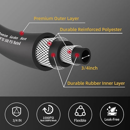 WiseFlow Garden Hose 50FT x 3/4", Heavy Duty Rubber Hose, Water Hose with Five Layered Braiding, Male Female Fittings, 1000PSI Burst, 300PSI Working (Black)