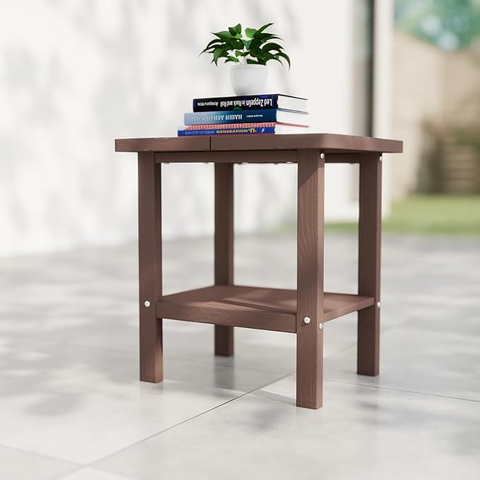 Kingdura Adirondack Outdoor Side Table, 16 x 13 Inches HDPE Plastic Outside End Tables for Patio Pool Porch Backyard Indoor, 2 Tiers Storage Shelf, All Weather Resistant, Easy Maintenance (Brown)