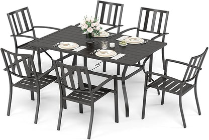 Sophia & William 7-Piece Patio Dining Set for 6, 60.2" Metal Outdoor Table with Umbrella Hole & 6 Stackable Chairs, Heavy-Duty 300LB Capacity - Black - Garden Furniture for Deck, Lawn, Backyard