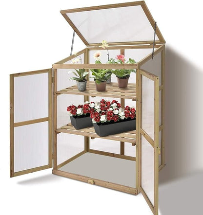 Moccha Greenhouse Wooden Cold Frame, Portable Garden Flower Planter with Removable Shelf and Hinges, Raised Cold Frame with Foldable Top and Side Doors for Outdoor, Porch, Backyard, Balcony