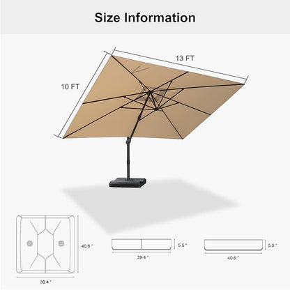 PURPLE LEAF 10' × 13' Patio Cantilever Umbrella with Base Outdoor Rectangle Adjustable Offset Umbrellas with 360-degree Rotation and 8 Heavy Duty Metal Ribs for Garden Deck Pool Beige