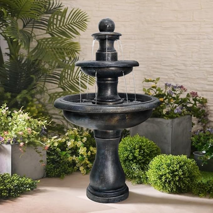 45.2” H Outdoor Floor Water Fountain, 3-Tiers Concrete Water Fountain with Submersible Electric Pump - Garden Cascading Waterfall for Yard Patio Lawn Home Decor