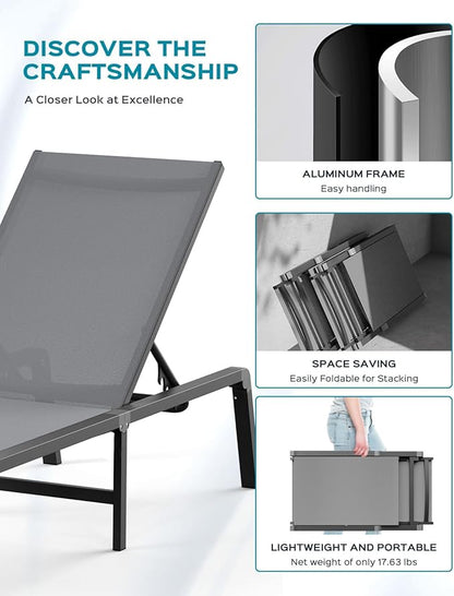 Aluminum Chaise Lounge Ourdoor - Foldable & Assemble Free Outdoor Lounge Chair with 5 Adjustable Backrest, Patio Lounge Chair for Outside Poolside Beach Pool, Grey