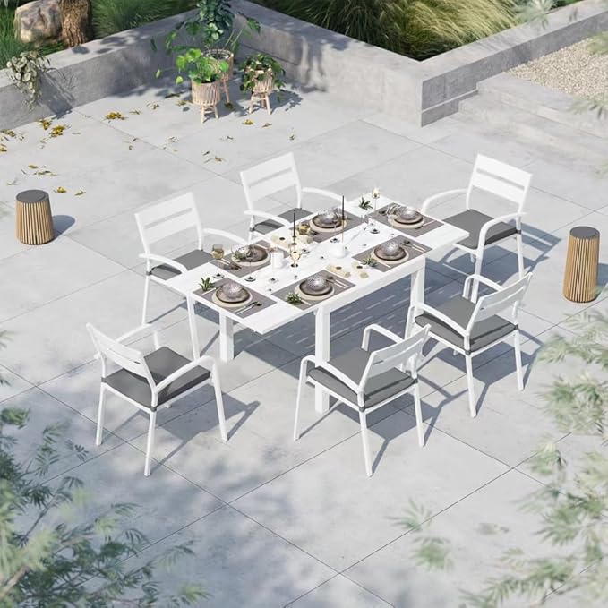 Soleil Jardin Aluminum Patio Extendable Dining Table, 35" - 71", Adjustable Indoor Outdoor Furniture Rectangle Table for 4-6 Person Porch Deck Garden, White