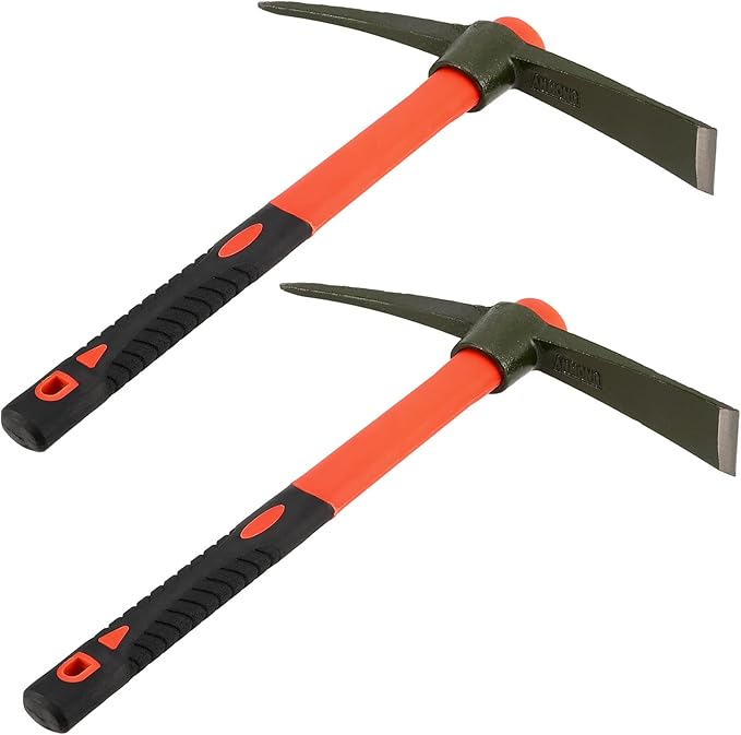2 PCS 15 Inch Garden Pick Mattock, Pick Axe with Red Fiberglass Handle, Garden Mattock Pickaxe Tool for Gardening, Cultivating, Forged Steel Head