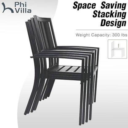 PHI VILLA 9 Pieces Outdoor Dining Set for 8, 60” Wood-Like Large Square Metal Steel Dining Table & Stackable Iron Chairs, Dining Furniture Set for Patio, Deck, Yard, Porch
