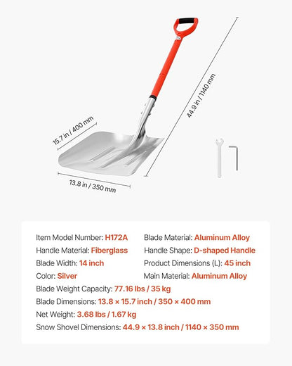 VEVOR Snow Shovel for Driveway, 14 in Wide Aluminum Alloy Snow Shovel with D-Shaped Handles, Large Capacity Snowplow Shovels, Lightweight Snows Removal Tool for Garden Car Camping