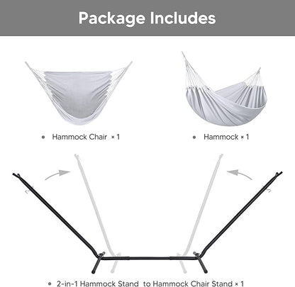SUNCREAT 2-in-1 Convertible Extra Large Hammocks with Stand, Heavy Duty 2 Person Hammock for Outside with Stand, Patent Pending, Light Gray