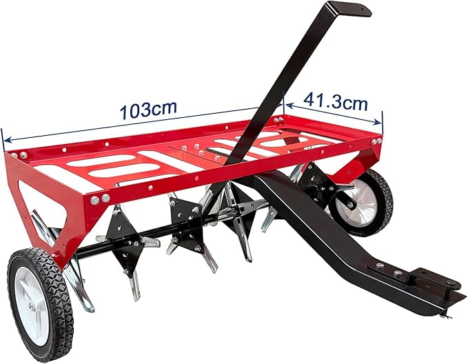 kerlista Tow Behind Lawn Plug Aerator and Heavy Duty Lawn Aerator for Tractors Ride-On Mowers and ATVs and Durable Steel Construction 40-Inch Working Width 3-Inch Spike Depth-Red