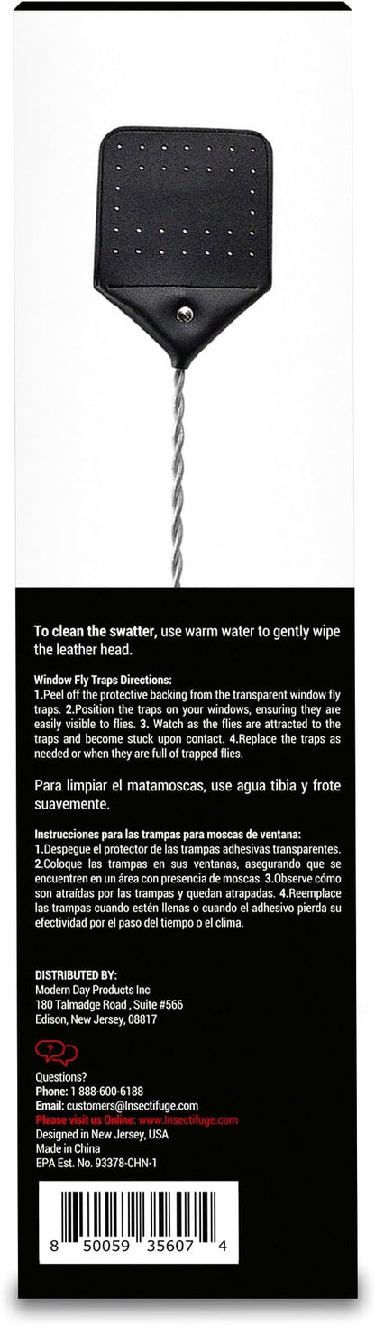 Leather Fly Swatter 2 Pack with 5 Window Fly Traps - Heavy Duty Fly Swatter Manual, Retractable Indoors Outdoors, Large Swatters Multi Pack Long Handle, MATA Moscas