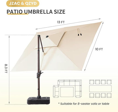 JZAC & QZYD 10 X 13 FT Cantilever Patio Umbrella with Base Included Heavy Duty Rectangle Offset Outdoor Large Double Top Umbrellas with 360° Rotation for Deck Backyard Garden, Beige