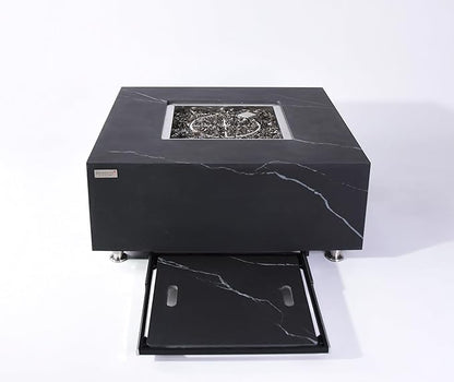 Elementi+ | Bundle Sofia Gas Fire Pit | Marble Porcelain & Metal Frame | 40" Square Fire Table | Electronic Ignition | Canvas Cover, Fire Glass & Burner Lid Included | Black | Propane Gas