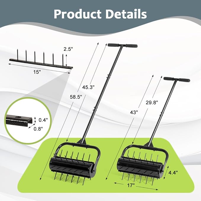 KELIXU Lawn Aerator Tool, 17” Manual Lawn Aerators Roller, Heavy Duty Rolling Lawn Air Aerator Tool with Spike Row, 58.5” H Grass Lawn Aeration Tool, Yard Tools for Garden, Cropland to Loose Soil