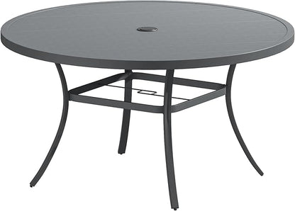 VICLLAX Outdoor Patio Round Dining Table, 50"x 50" Metal Slatted Round Tabletop with Adjustable Umbrella Hole for Deck Lawn Garden Backyard, Dark Grey
