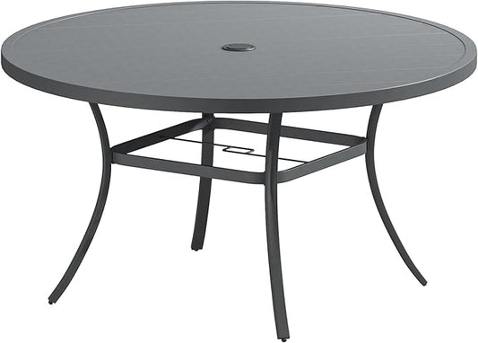 VICLLAX Outdoor Patio Round Dining Table, 50"x 50" Metal Slatted Round Tabletop with Adjustable Umbrella Hole for Deck Lawn Garden Backyard, Dark Grey