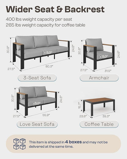Aluminum Outdoor Patio Furniture Set with Coffee Table, 5 Piece Patio Conversation Sets, Outdoor Sectional Furniture for Porch, Balcony, Yard, Gray
