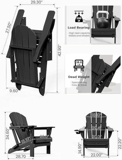MUCHENGHY Folding Adirondack Chairs, Patio Chairs, Lawn Chairs, Outdoor Chair, Adirondack Chair Plastic, Fire Pit, Weather Resistant with Cup Holder for Deck, Backyard, Garden(White, 3-Piece)