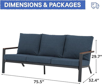Soleil Jardin Aluminum Patio Furniture 3-Seater Couch, Outdoor 3 Seats Sofa with FSC Certified Solid Wood Top, Outdoor Conversation Set 3 Seater Deep Seating w/Removable Cushion, Denim Blue