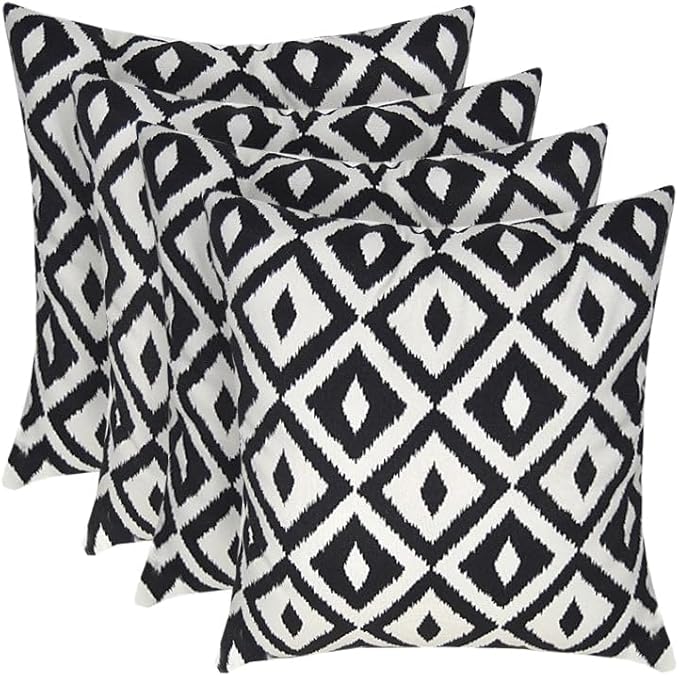 RSH DECOR: Square Throw Pillows Set of 4 | 17” x 17” | All-Weather Spun Fabric | Water and Fade-Resistant | Outdoor Accent Pillows for Patio Furniture | Black & White Aztec