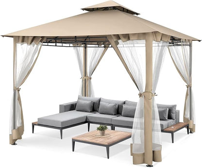 COBIZI Gazebo 10x10 Heavy Duty Gazebos with Improved Nettings Outdoor Gazebo Canopy Double Roof Patio Gazebos with Metal Steel Frame for Patio, Deck, Backyard (Khaki)
