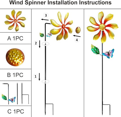 Metal Outdoor Flower Wind Spinner with Yellow Floral & Blue Butterfly, Decorative Kinetic Wind Sculpture for Yard, Garden, Patio, Lawn - Vibrant Garden Art & Lawn Ornament for Outdoor Decor