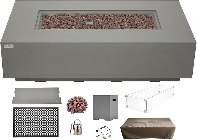 AMS Creations | Madison 60" Bundle Rectangular Propane Gas Outdoor Fire Pit Table | Light Gray Concrete GFRC | Smooth Texture or Surface | Electronic Ignition | Outside Backyard Fireplace